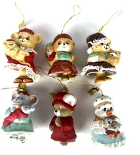 Lot of 6 Vintage JASCO CARING CRITTER CHIMERS Bisque Porcelain Bell Ornaments 