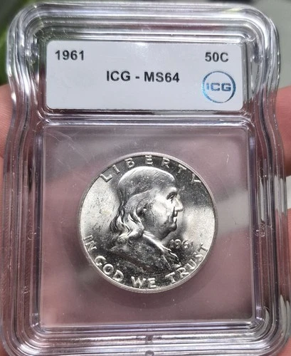 1961 Franklin Silver Half Dollar 50 ICG Graded MS64  Beautiful 90% Coin