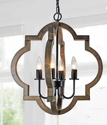 4-Light Rustic Orb Wood Chandelier 19.49 Brown & Black Farmhouse Chandelier New