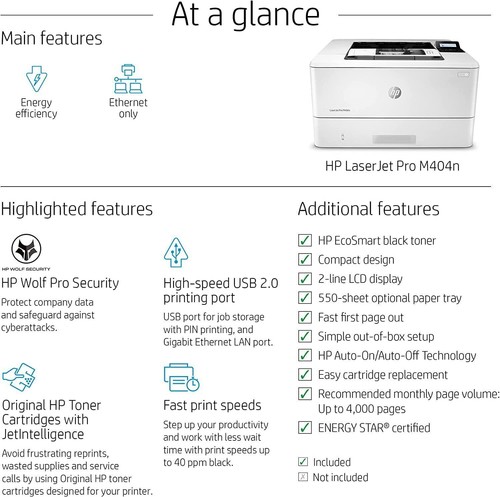 HP Laserjet Pro M404n Single-Function Wired Monochrome Laser Printer White - Picture 3 of 8