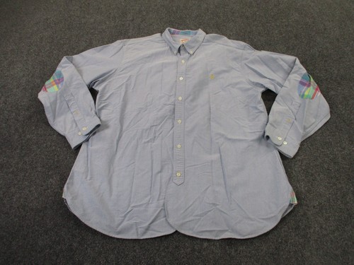 Brooks Brothers Shirt Men XL Blue Chambray Golf Elbow Patch Preppy Golden Fleece - Picture 1 of 12