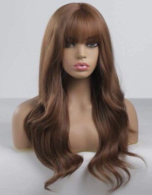 Perruque Synthétique Longue Bouclée Brun Foncé - Bonnet Moyen Offert + 4 Bonnets - Raie Libre