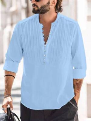 Button Down Shirt Men Pleated Light Blue Linen Solid Lightweight Collarless  Soft | eBay