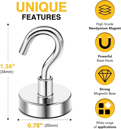 DIYMAG Magnetic Hooks, 50 LB Heavy Duty Magnet with 20Pack 50Lbs+, Silver - Picture 2 of 6