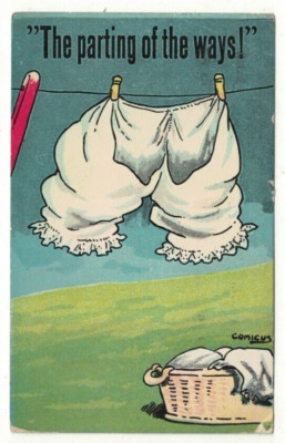 Comic Postkarte ''Der Abschied der Wege!'' Damen Unterhose auf der Wäscheleine