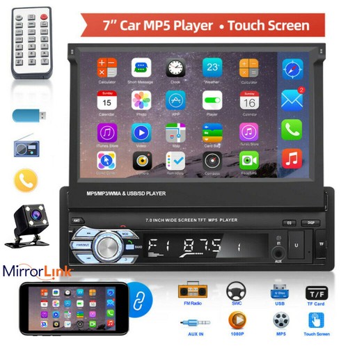 7" Car Stereo Radio Single 1 Din Flip Out Bluetooth Touch Screen MP5 +Camera - Picture 1 of 12