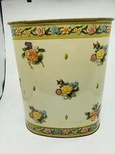 Mid-Century J.L. Clark Floral Roses Wastebasket Tin Trash Can