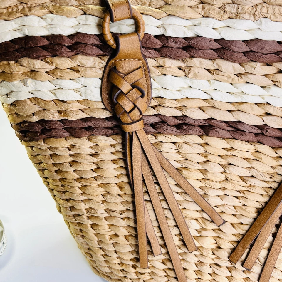 Bolsa tote Style & Co palha bronzeada borla sotaque verão praia tecido boho bolsa de mão - Imagem 3 de 4
