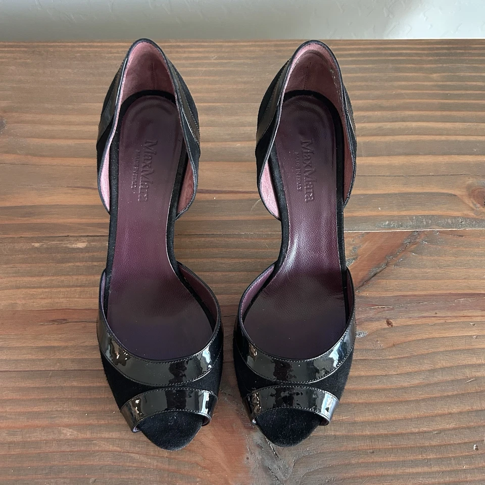 Zapatos MAX MARA para mujer 37,5/7 negros charol gamuza punta abierta zapatos de salón tacones  Foto 3 de 4