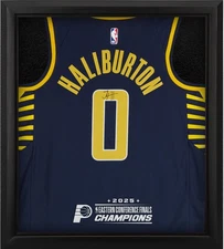 Tyrese Haliburton Pacers Signed Nike Icon Jersey Shadowbox w/2025 EC Champs Logo