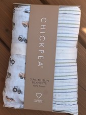 Chick Pea Muslin Cotton Swaddling Baby Blankets Blue Construction Trucks Stripes