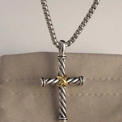 David Yurman Sterling Silver & 18k Gold X Cable Cross Pendant w/ 17-18'' Chain