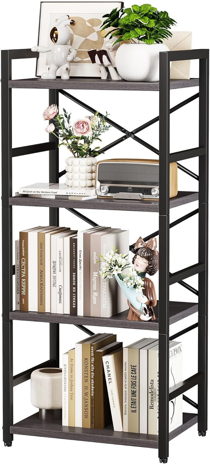 Organization & Storage 5 Tier Bookshelf Tall Bookcase W/ Shelves Wood & Metal