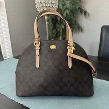 Coach Peyton Signature Cora Domed Satchel in brown with tan leather trim