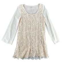 Blu-Pepper White and Cream Lace Crochet Shift Dress Long Sleeve Lined Sheer  S