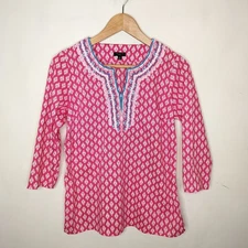 Talbots Embroidered Shirt Size P Petite Pink Medallion Cotton Blouse