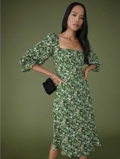 Reformation Size 6 Green Floral Smocked Square Neck Midi Dress Boho