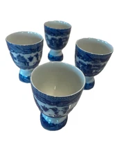 Set of Four Antique Blue Willow Double Egg Cups "Occupied Japan" 3 1/2” Tall