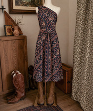 NWT Lauren Ralph Lauren One Shoulder Midi Dress Size 14 Ikat Print Belted