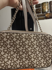 DKNY Brown Beige Logo Shoulder Bag with Chain Strap, Gold Hardware, Zipper