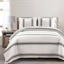 2pc Twin/Twin Extra Long Farmhouse Striped Reversible Quilt Bedding Set Black -