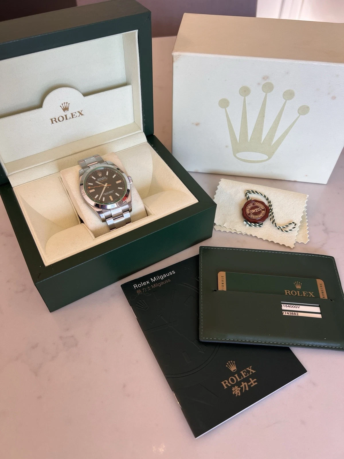 Rolex 40mm Oyster Perpetual Black Dial Green Crystal Milgauss 116400GV 