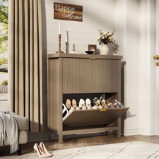 Shoe Storage Cabinet for Entryway with 2 Flip Drawers, Narrow Wood Shoe Cabinet