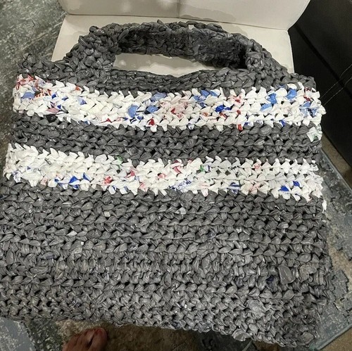 Recycled Plastic Bag, Recycled Plastic Purse, Crochet Gray Tote