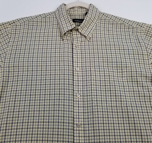 Van Heusen Button Up Shirt Mens Large Yellow Blue Black Plaid Pocket Long Sleeve - Picture 2 of 9
