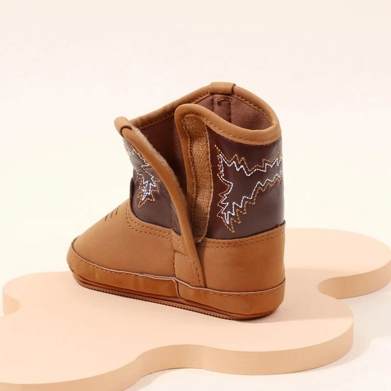 Baby Infant Cowboy Boots-Brown Soft Sole Anti-Slip Shoes 0-18M Booties Boy Girl - Image 4 of 4