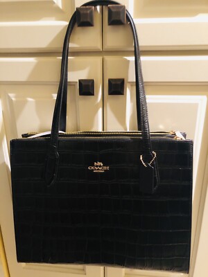 Coach Large Crocodile Embossed Leather Handbag Tote (Black