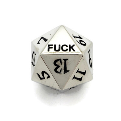 Metal D20 F*** Dice Critical Fail F 20 Sided Die DND Silver Chrome Shiny Finish
