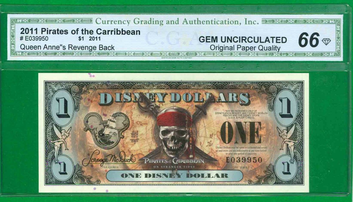 $1 2011 E 1 DISNEY DOLLAR PIRATE SKULL & SWORDS GEM
