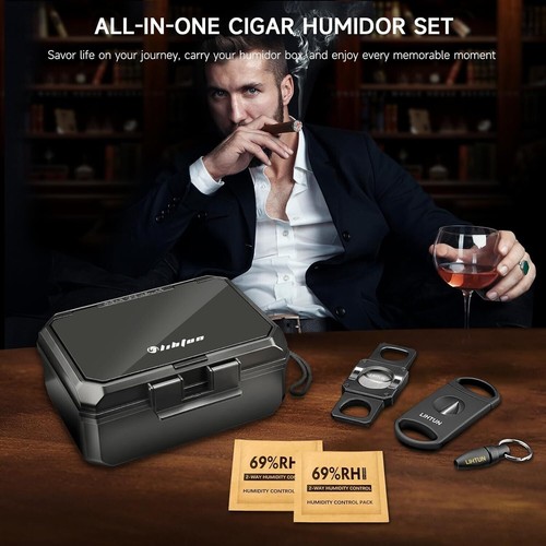Travel Humidor Box and Cigar Accessories Set, Portable Cigar Humidor Case with 2 - Picture 4 of 7