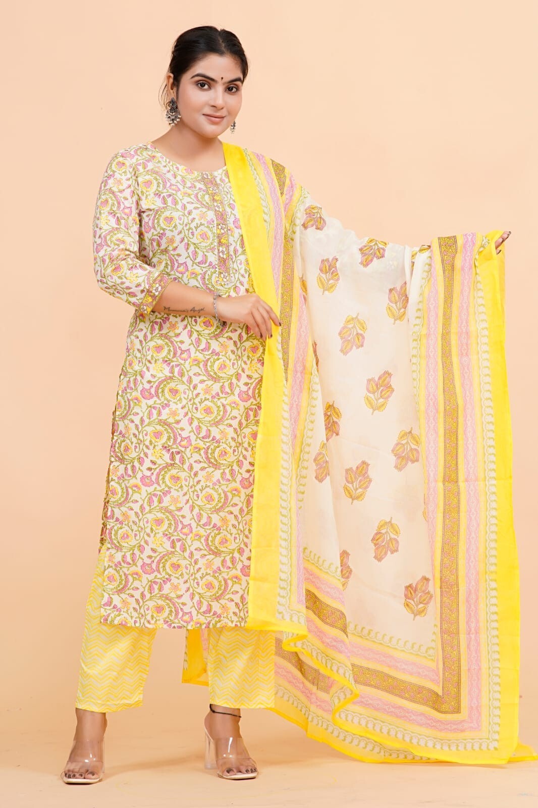 Trendy Womens Yellow Flower Print Cotton Stitched kurti pant with dupatta