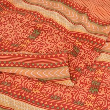 Sanskriti Vintage Sarees Indian Peach Pure Crepe Silk Printed Sari Craft Fabric