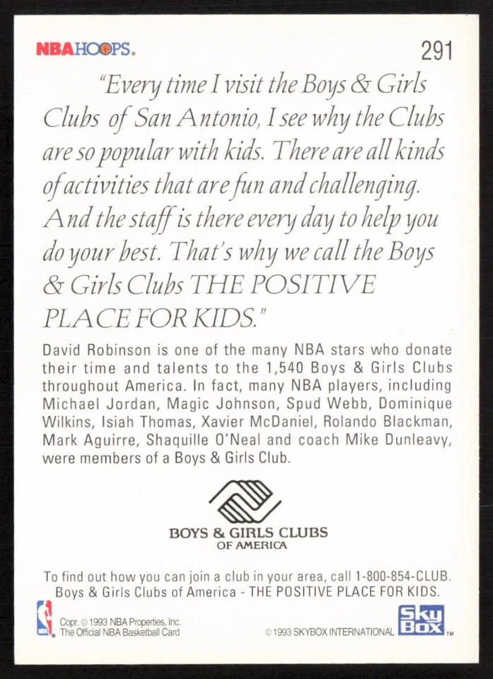 1993-94 Hoops David Robinson #291 San Antonio Spurs - Image 2 of 2