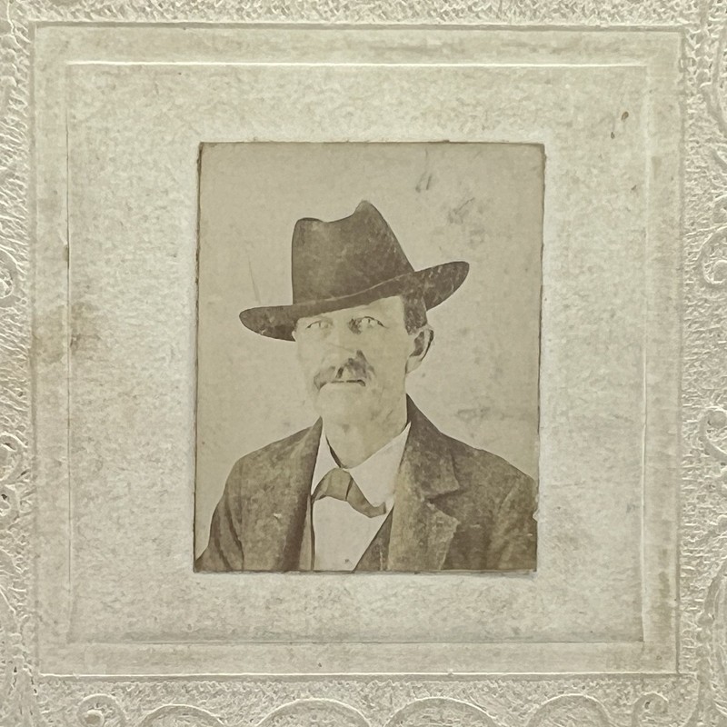 Mini IDENTIFIED Man Mustache Western Hat MILLER SURNAME CdV CARD Antique Photo
