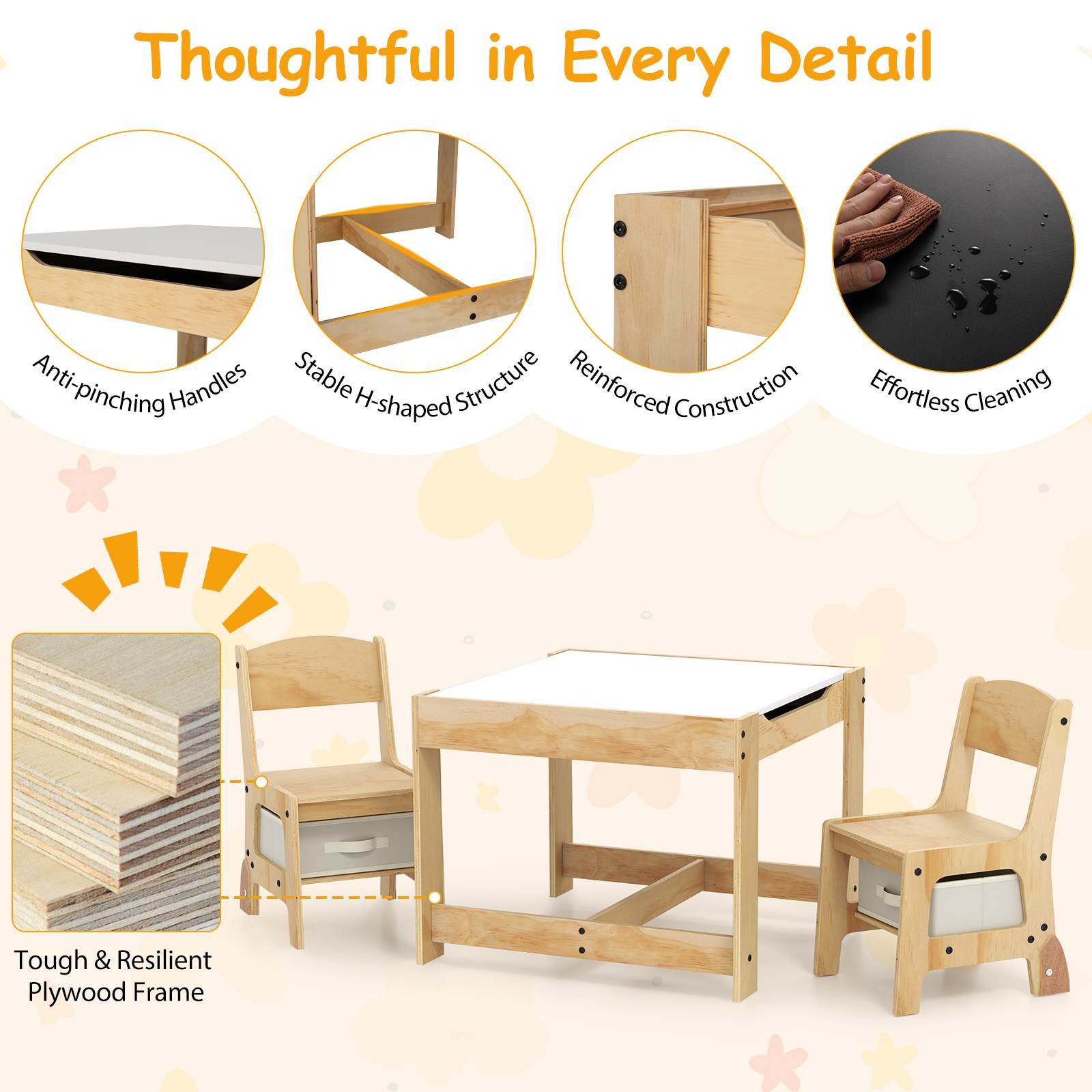3 in 1 Kids Table and Chair Set Wooden Children Activity Table and Chairs Set — image 8