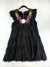 Umgee Black V-Neck Embroidery Short Tiered Dress w/ Flutter Sleeves  Cotton