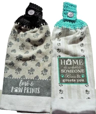 2 Crochet Top  Kitchen Towels ~  dog theme - gray, white and aqua.          #!29