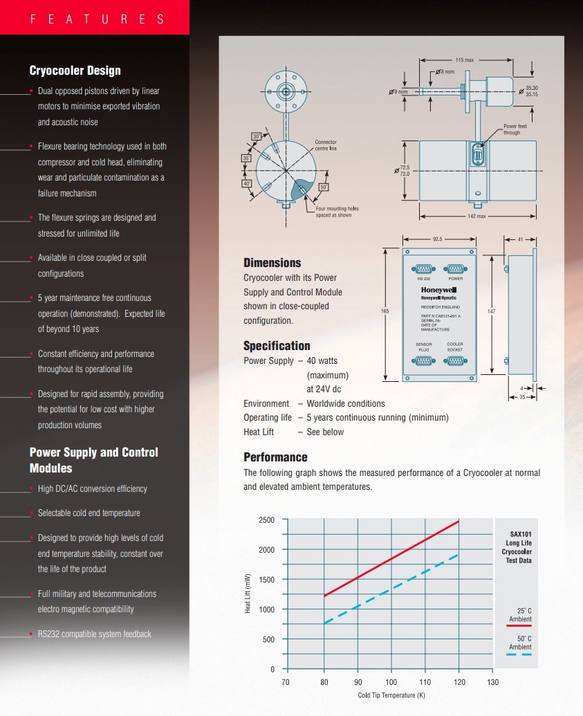 Honeywell Hymatic Stirling Cycle Cryocooler for Detectors SAX101