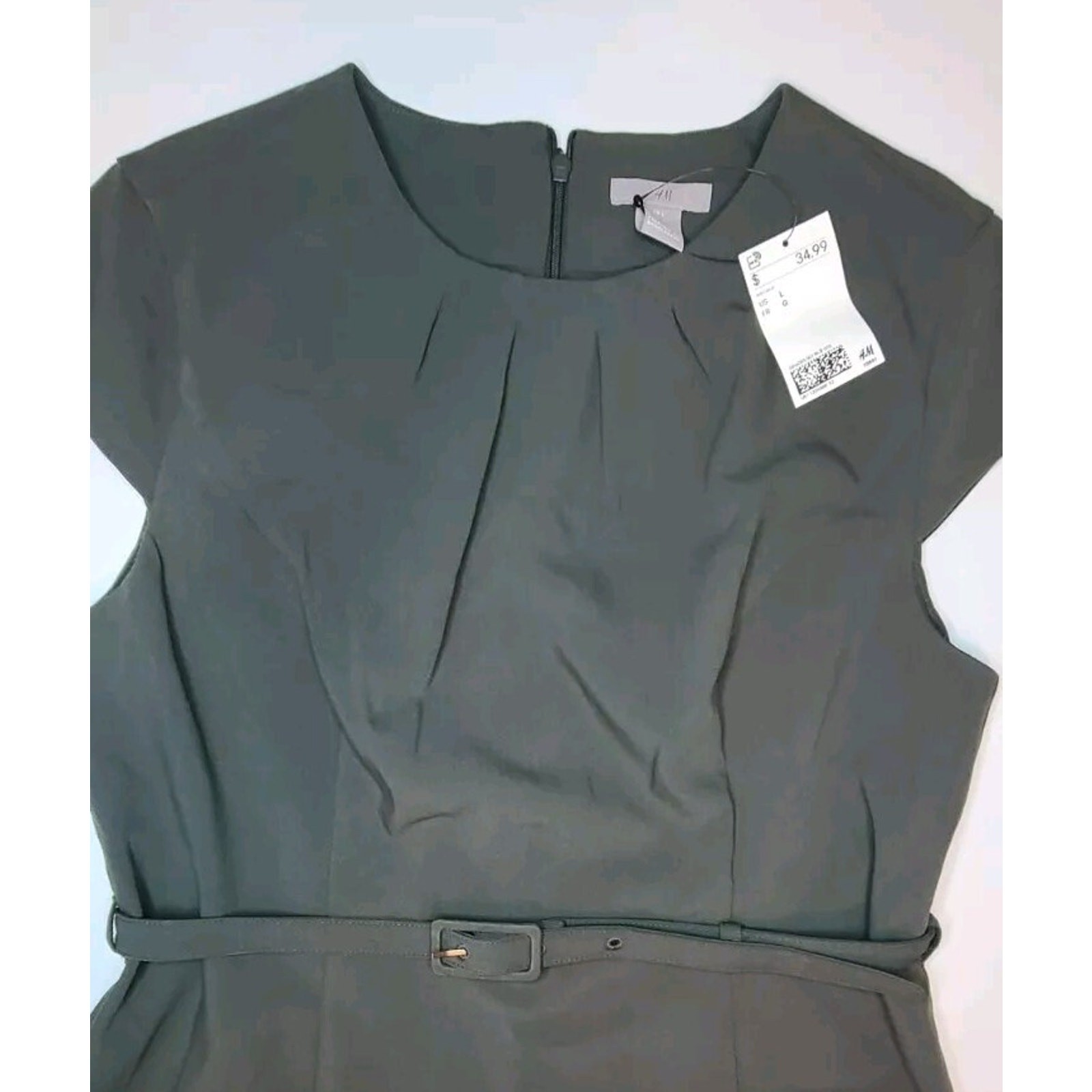 NWT H&M Pencil Dress W/Belt Cap Sleeve Stretch Zip Back Size Large Olive Green thumbnail 5