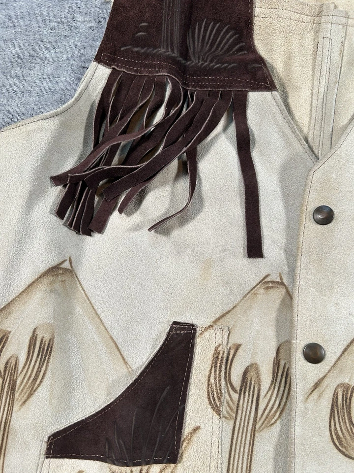 Western Horse Fringe Pyrography Vest Womens Tan Brown Desert Cactus Mountains - Image 4 of 4