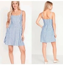 Old Navy Blue Stripe Cami Linen Blend Mini Dress Fit & Flare Size M NWT