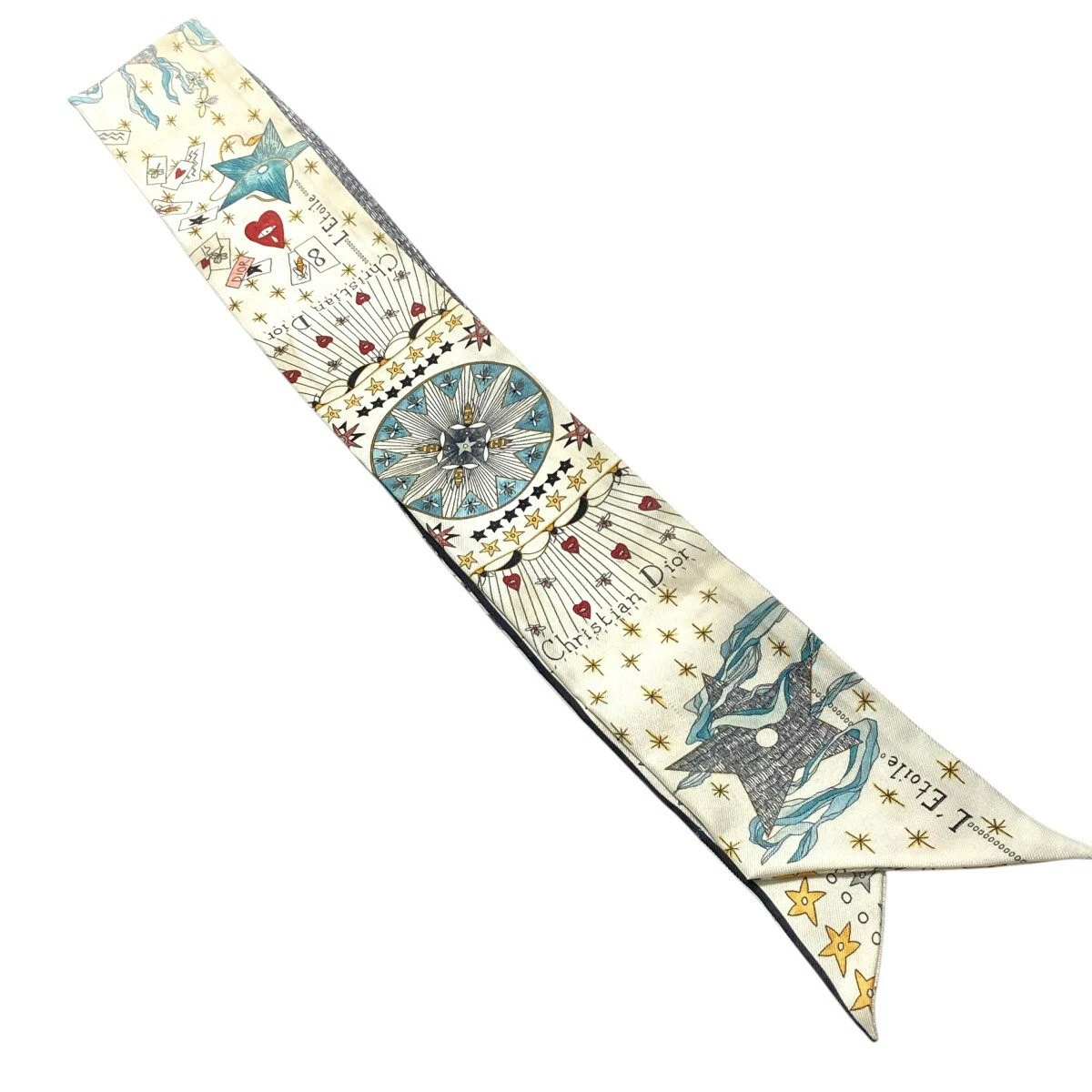 Foulard Dior Mitzah 90cm 35′′ 6cm 2′′ long rectangle soie étoile blanc