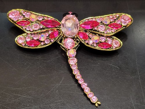 Huge Beautiful Pink Glass 4" Rhinestone Dragonfly Brooch Pin Stunning CA US P274 - Picture 8 of 10