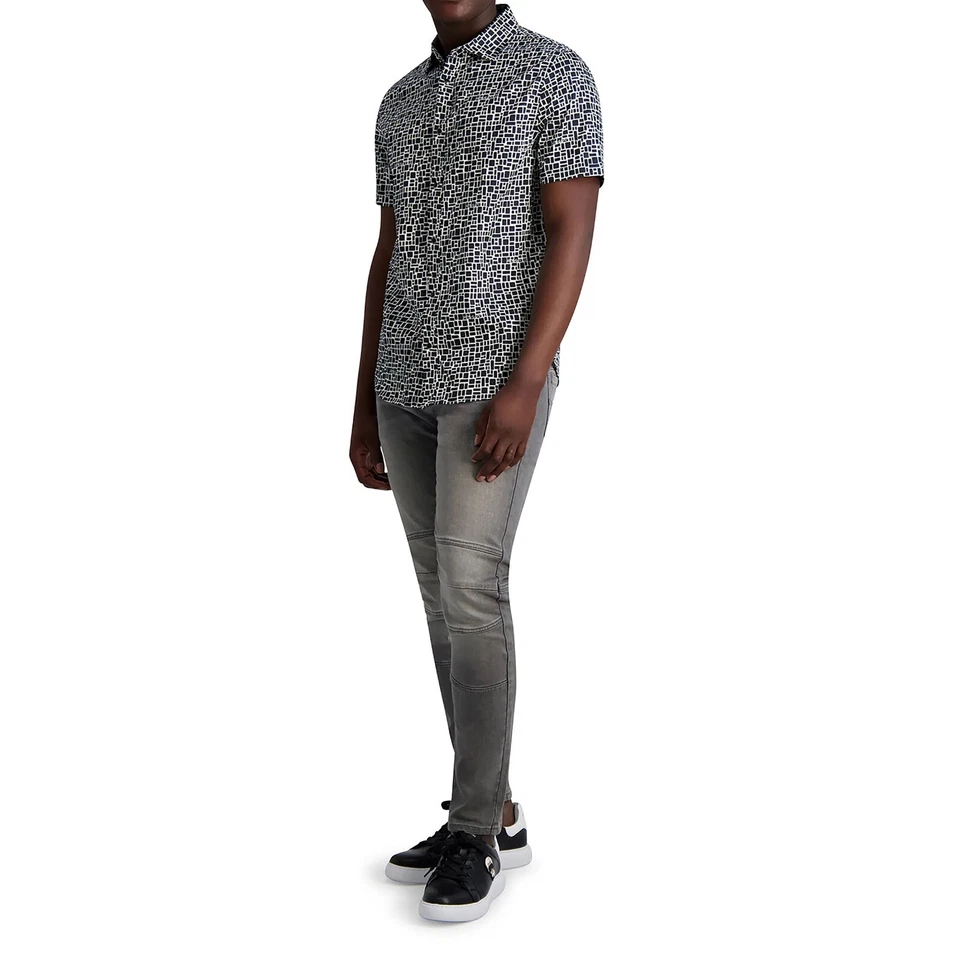 Karl Lagerfeld Paris 男式几何图案按扣 SS 衬衫黑色/白色 — 第 4/4 张图片