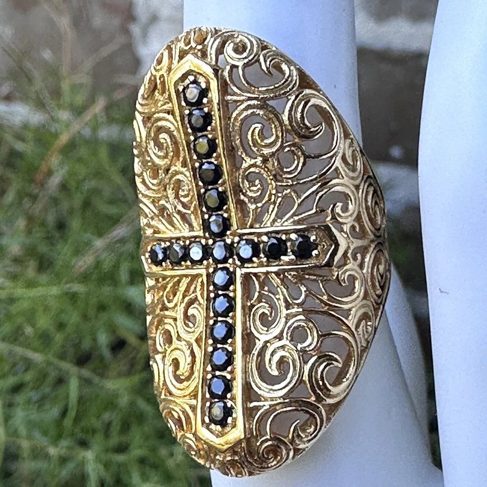 复古 Bellezza Statement 戒指 尺寸 5 黑色尖晶石十字架 镀金金银丝 — 第 4/4 张图片
