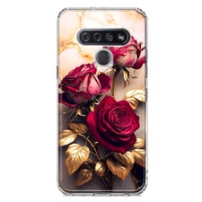 For LG K51 Shockproof Hybrid Case, Gold Marble Red Roses Phone Cover